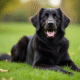 Golden retriever noir assis sur la pelouse verte