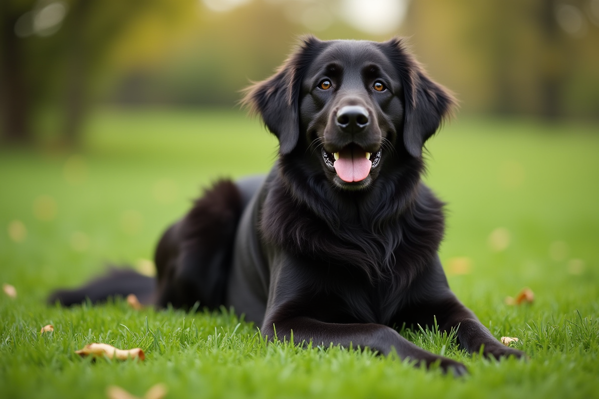 Golden retriever noir assis sur la pelouse verte