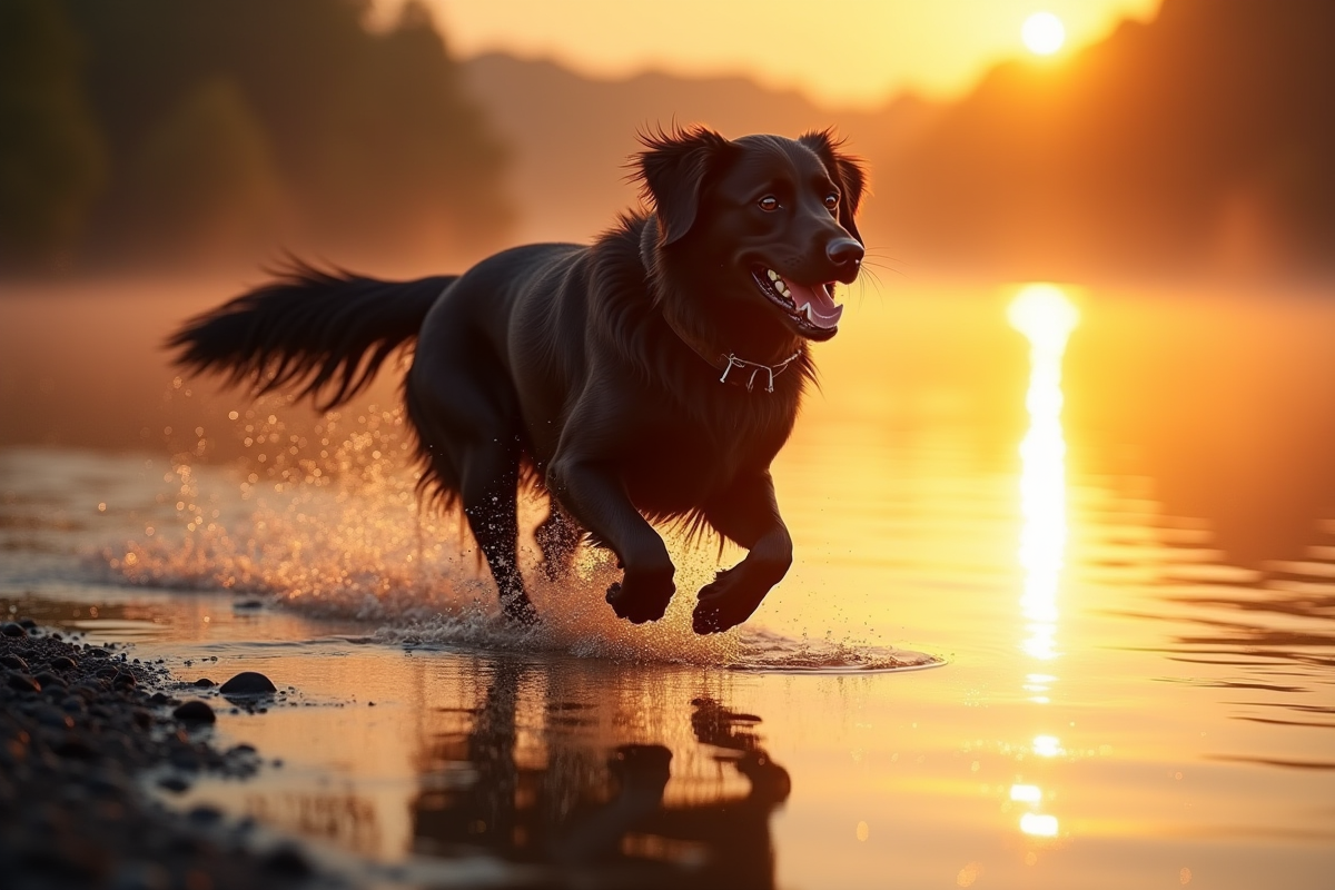 Golden retriever courant au bord du lac au lever du soleil