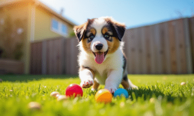 Chiot Australian Shepherd jouant dans le jardin ensoleille