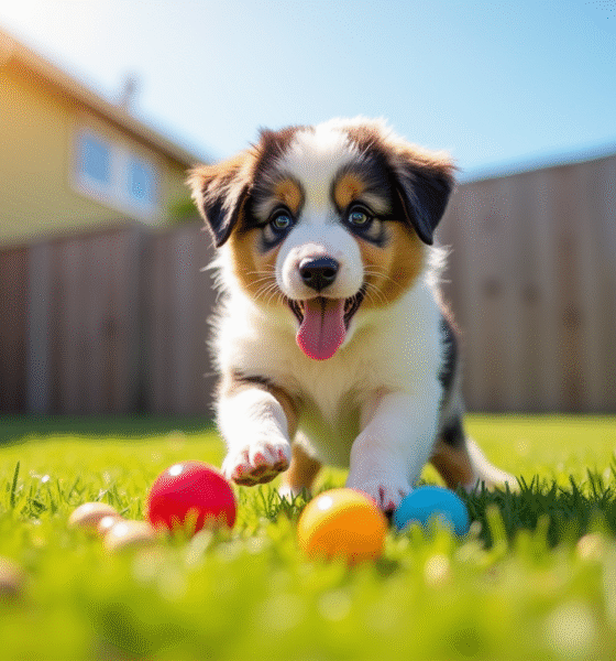 Chiot Australian Shepherd jouant dans le jardin ensoleille