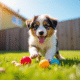 Chiot Australian Shepherd jouant dans le jardin ensoleille