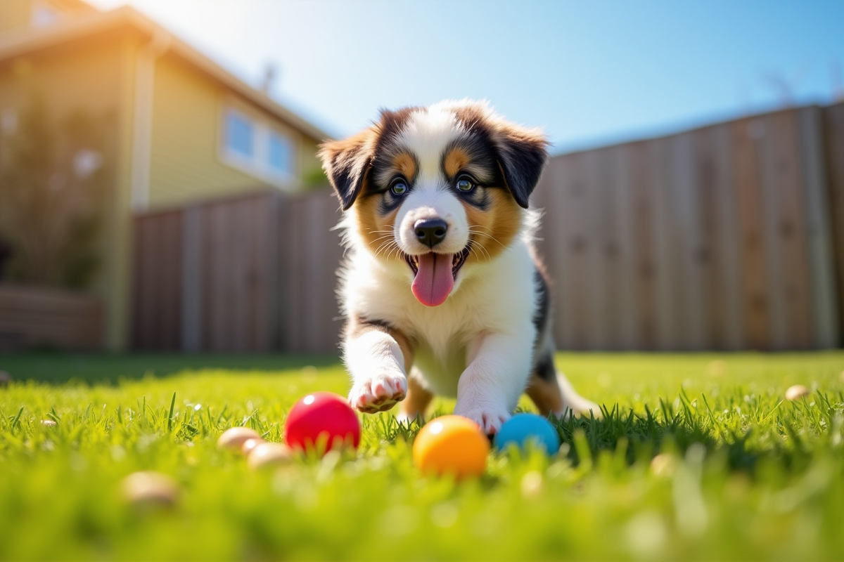 Chiot Australian Shepherd jouant dans le jardin ensoleille