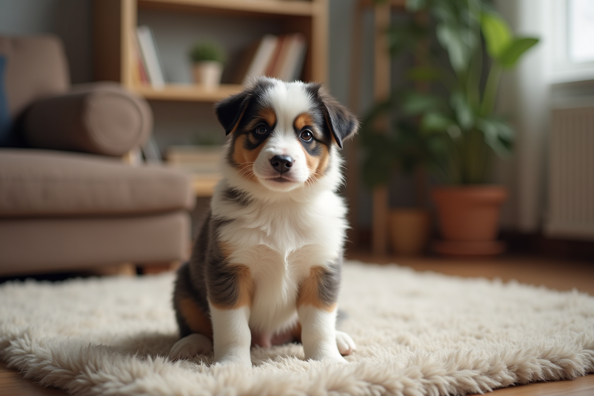 Chiot Australian Shepherd assis sur un tapis dans le salon