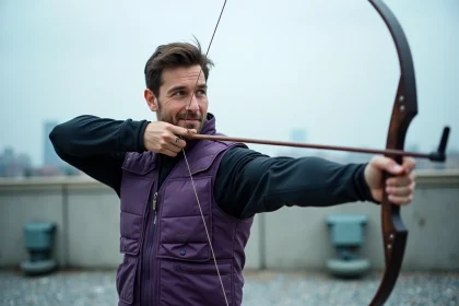 Archer masculin en gilet tactique violet dessinant un arc sur un toit urbain, évoquant l'univers de Clint Barton Hawkeye des comics Marvel