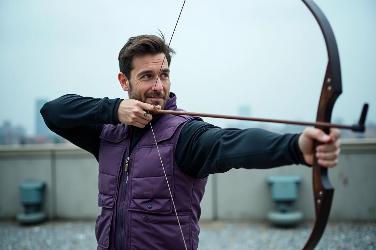 Archer masculin en gilet tactique violet dessinant un arc sur un toit urbain, évoquant l'univers de Clint Barton Hawkeye des comics Marvel