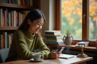Femme parcourant des offres spéciales de l'application Chapters sur son téléphone dans un coin lecture cosy en automne