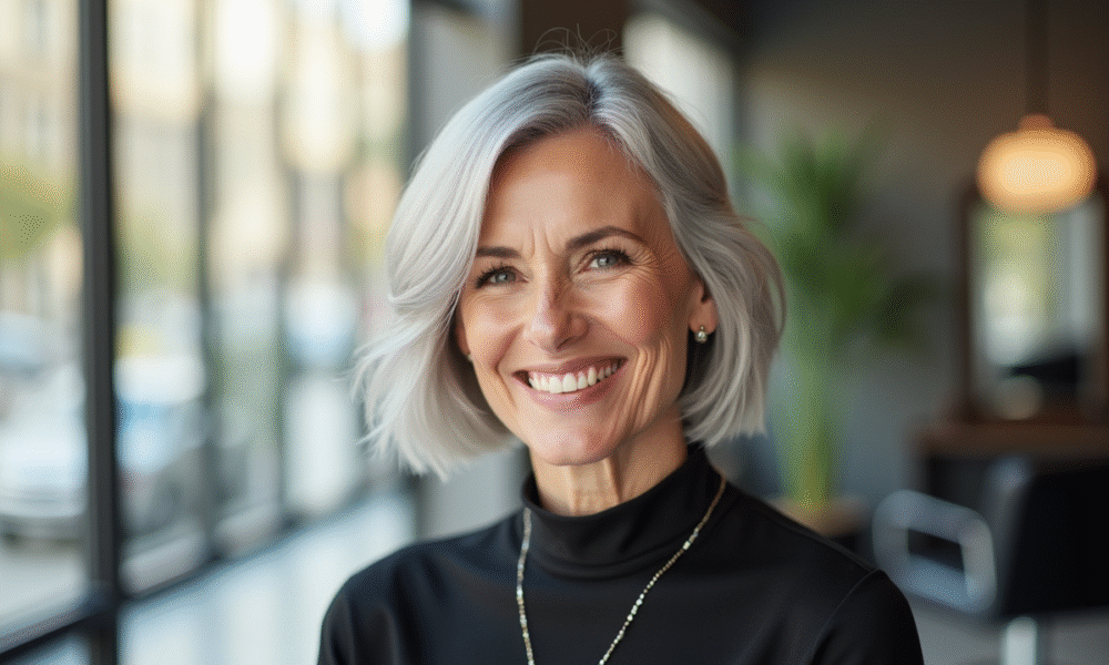 Femme élégante souriante avec coupe silver bob dans un salon