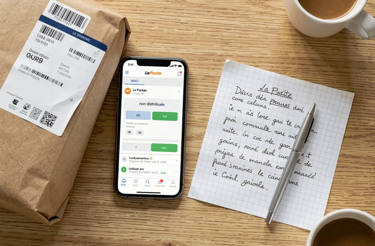 Vue de dessus d'un colis La Poste non distribué avec un smartphone affichant le suivi et une note de réclamation manuscrite