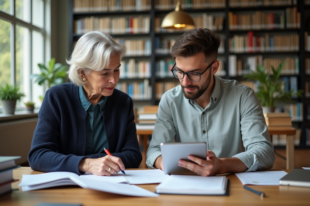 Deux collègues collaborent dans une bibliothèque lumineuse