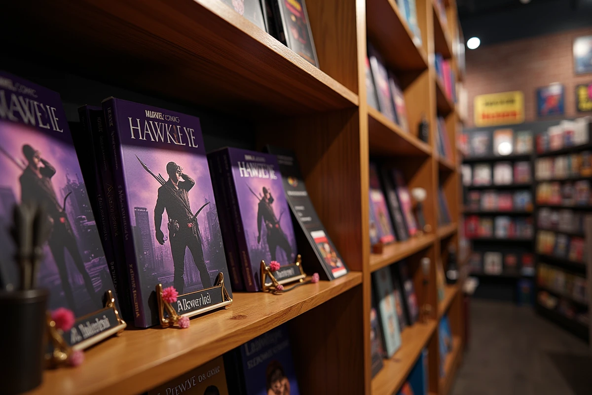 Étagère de librairie de bandes dessinées présentant une collection chronologique de comics Marvel Hawkeye avec des accessoires de tir à l'arc