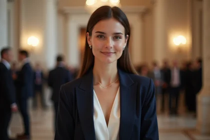 Femme élégante en veste marine lors d'un événement public, illustrant l'apparition remarquée de la compagne d'un homme politique français