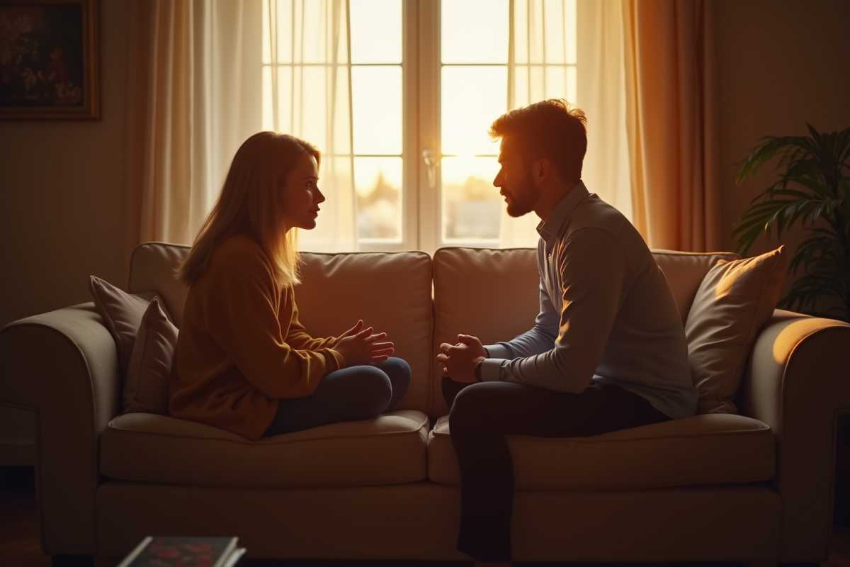 Couple marié discutant sur un canapé dans un salon chaleureux