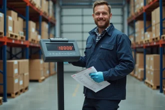 Ouvrier logistique utilisant une balance industrielle pour convertir des kilogrammes en tonnes dans un entrepôt