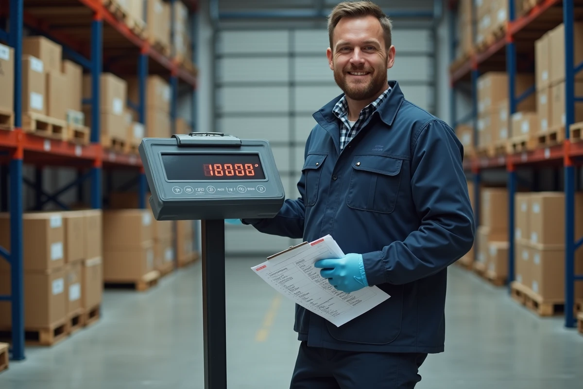 Ouvrier logistique utilisant une balance industrielle pour convertir des kilogrammes en tonnes dans un entrepôt