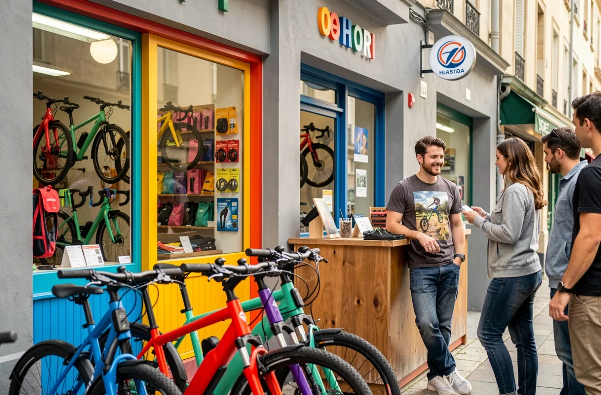 Devanture animée de Cool Bike Bordeaux avec des vélos électriques urbains colorés et une équipe accueillante