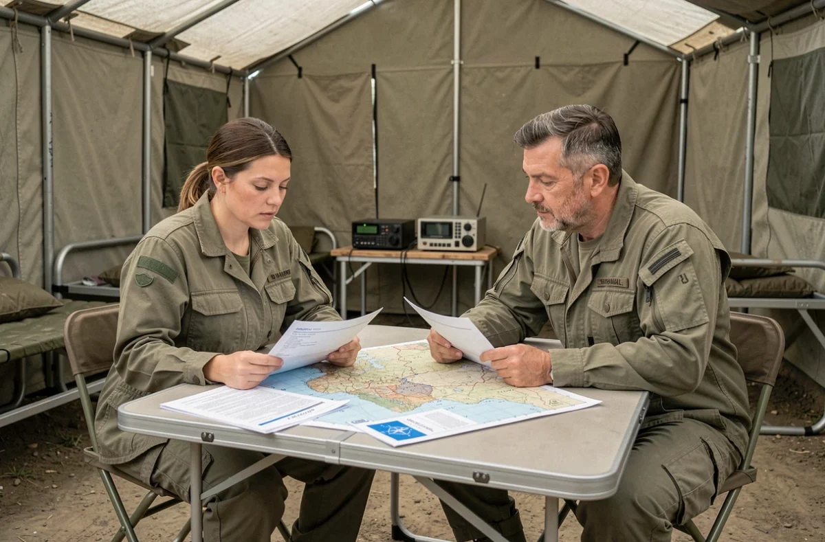 Deux correspondants de défense étudiant des rapports opérationnels et une carte topographique dans une tente militaire de campagne