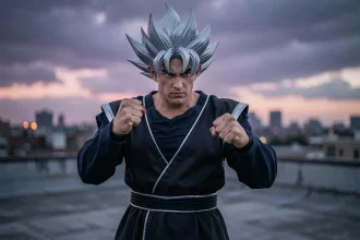 Cosplayer en costume de Black Goku avec cheveux argentés en pointe dans une pose de combat sur un toit urbain