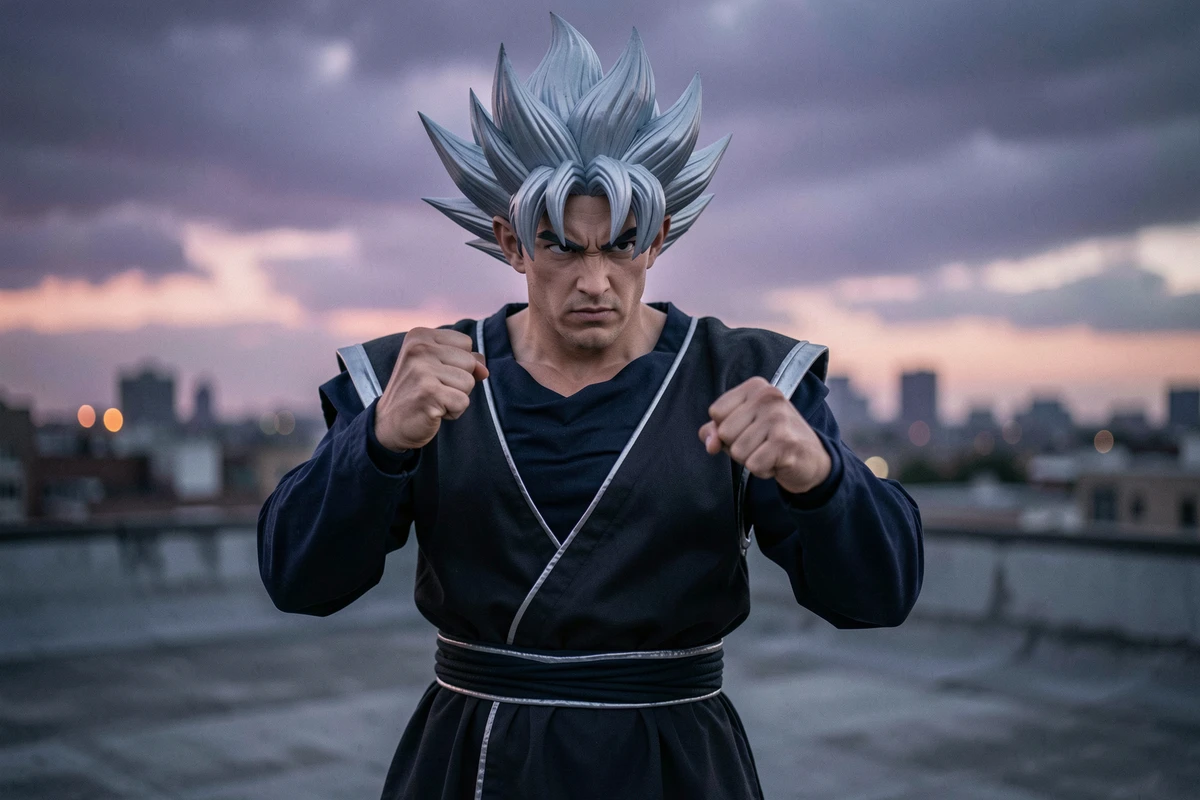 Cosplayer en costume de Black Goku avec cheveux argentés en pointe dans une pose de combat sur un toit urbain