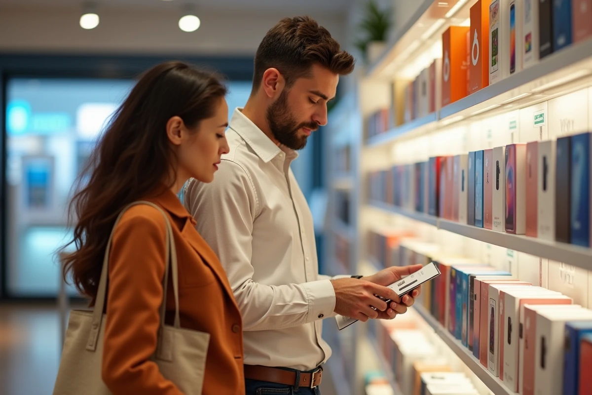 Couple en train de comparer les prix des mobiles et des cartes SIM Orange dans un magasin de téléphonie