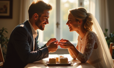 Couple marié échangeant des cadeaux artisanaux en fer et sucre