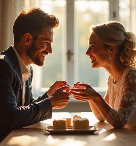 Couple marié échangeant des cadeaux artisanaux en fer et sucre