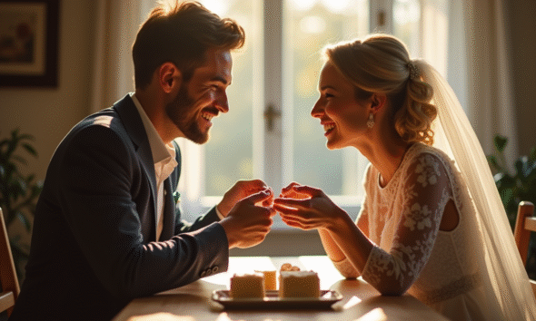 Couple marié échangeant des cadeaux artisanaux en fer et sucre