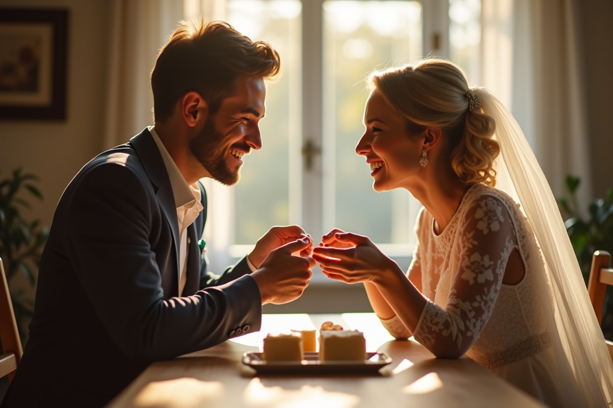 Couple marié échangeant des cadeaux artisanaux en fer et sucre