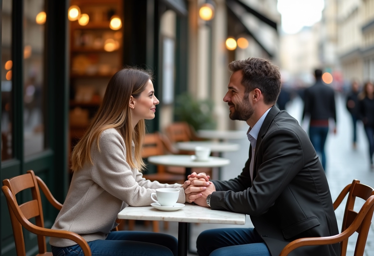 Couple assis au café à Paris en journée