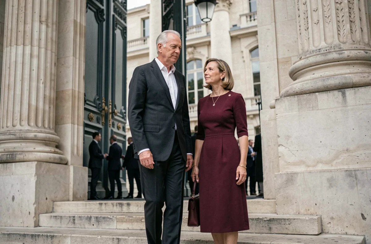 Couple chic arrivant à un événement culturel parisien, rare apparition publique sur les marches d'un monument