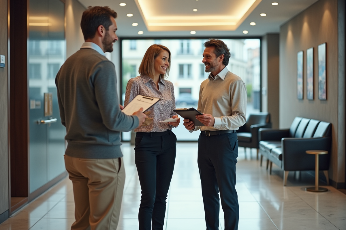 Couple français discutant avec un conseiller bancaire dans une agence