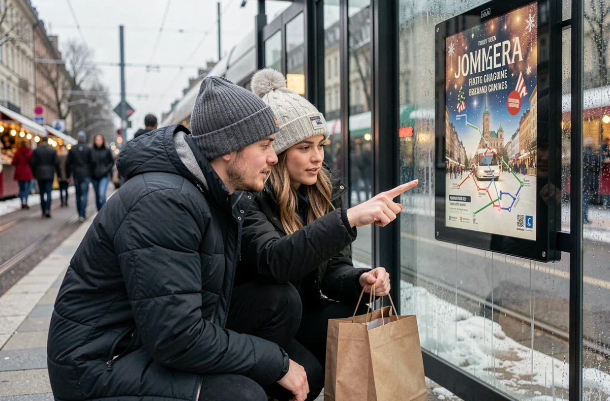 Couple consultant l'écran interactif du réseau de tram Bordeaux Métropole pendant les fêtes de Noël