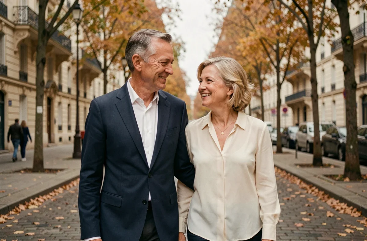 Couple élégant se promenant sur un boulevard parisien en automne, apparition publique discrète et complice
