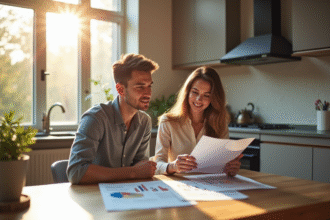 Jeune couple analysant documents immobiliers et tablette dans une cuisine lumineuse
