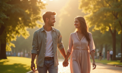 Couple marié marchant main dans la main dans un parc ensoleille