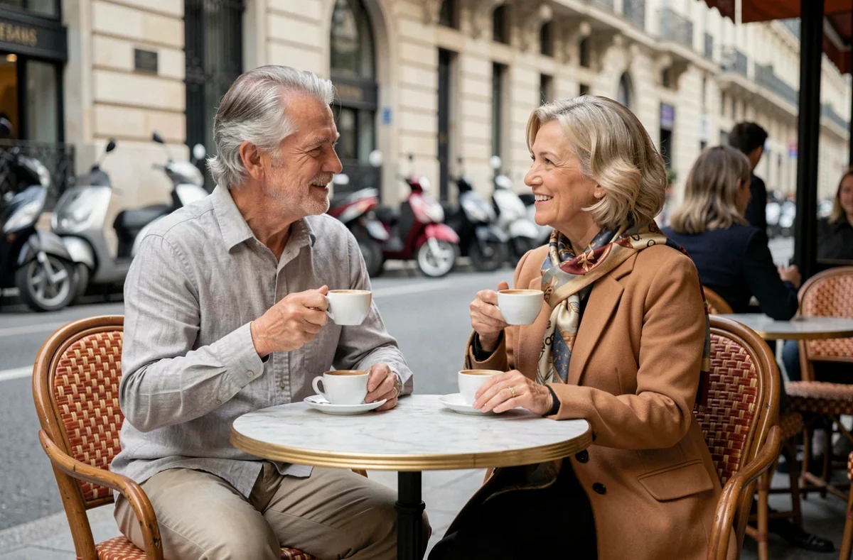 Couple parisien décontracté en terrasse de café, moment de complicité lors d'une rare sortie publique