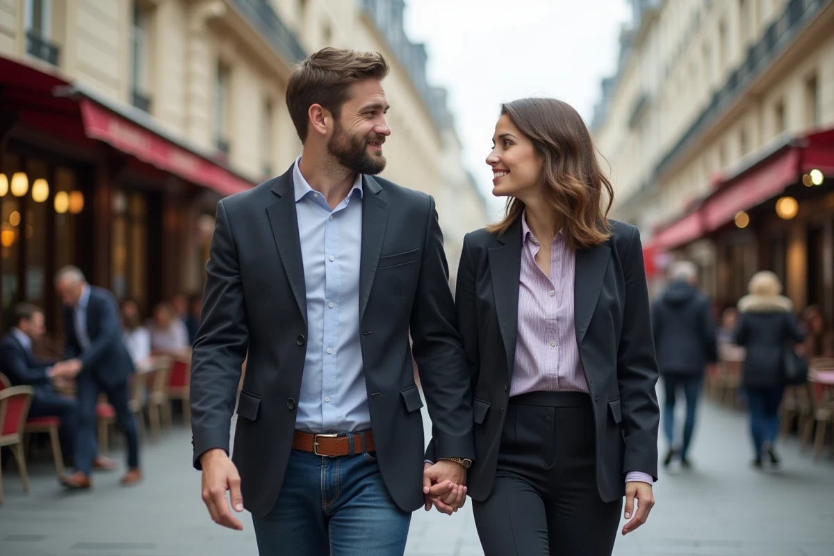 Couple se promenant sur un boulevard parisien, image illustrant la vie publique et médiatique d'un responsable politique et de sa partenaire