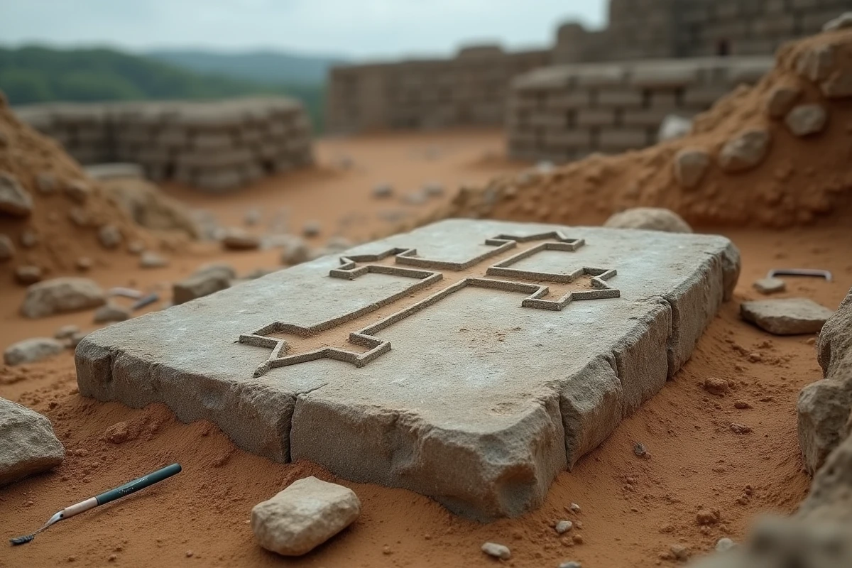 Croix templière gravée sur une dalle de pierre dans un site archéologique médiéval en plein air