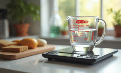 Verre mesure d'eau de 150 ml sur plan de travail cuisine