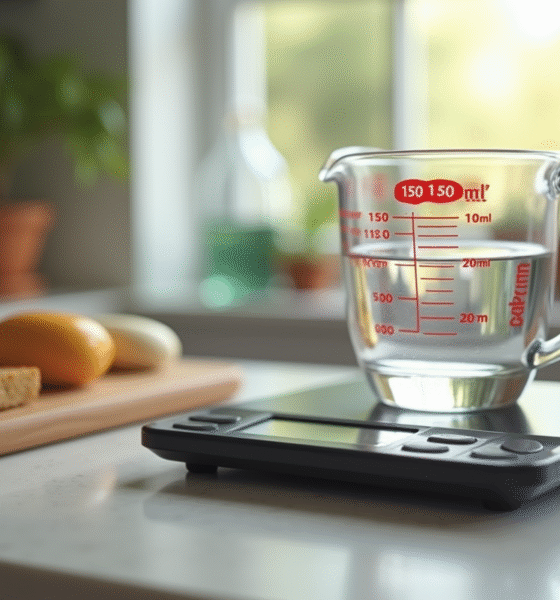 Verre mesure d'eau de 150 ml sur plan de travail cuisine