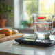 Verre mesure d'eau de 150 ml sur plan de travail cuisine