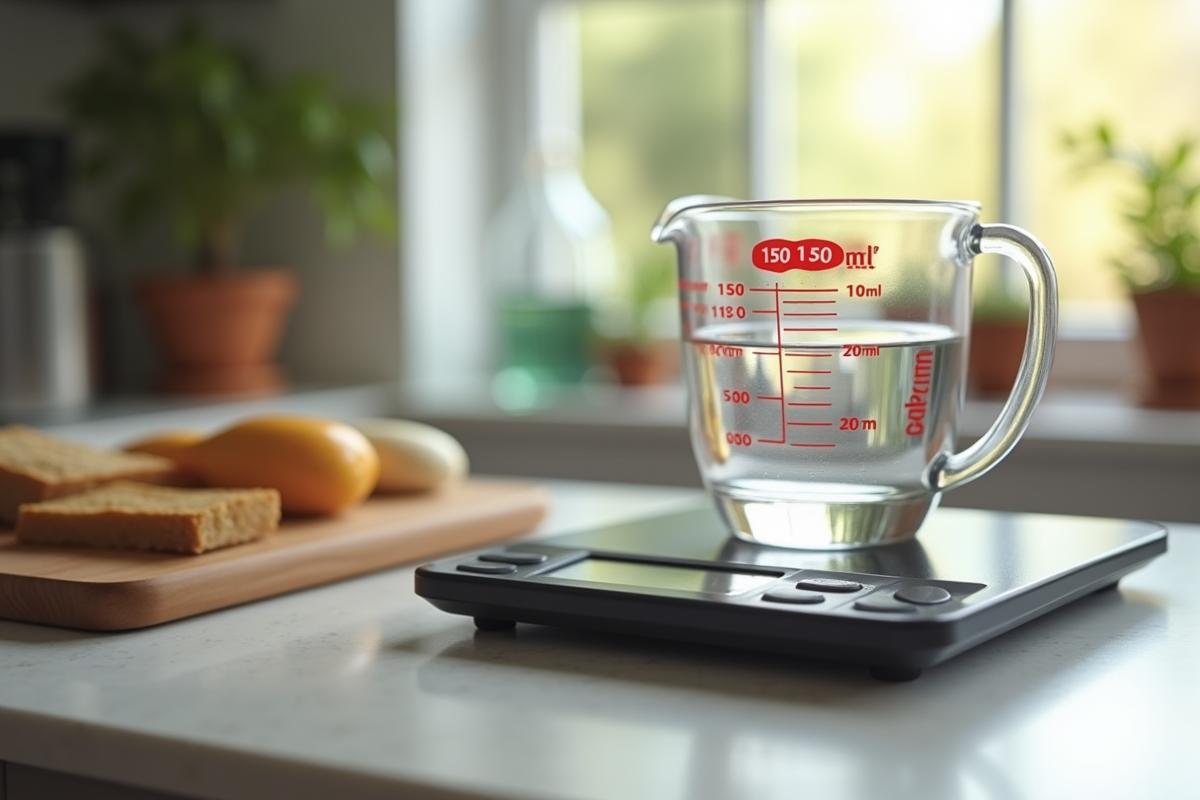 Verre mesure d'eau de 150 ml sur plan de travail cuisine
