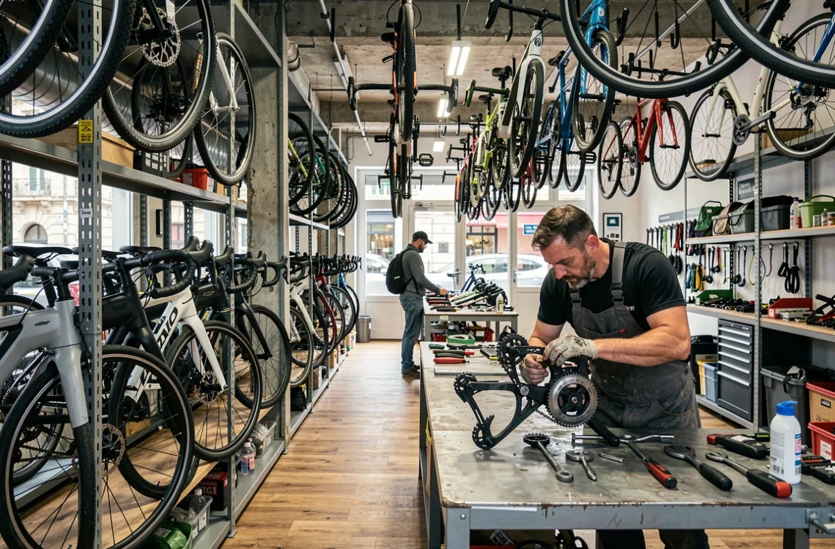 Intérieur de Cyclable Bordeaux avec de nombreux vélos électriques suspendus et un mécanicien au travail