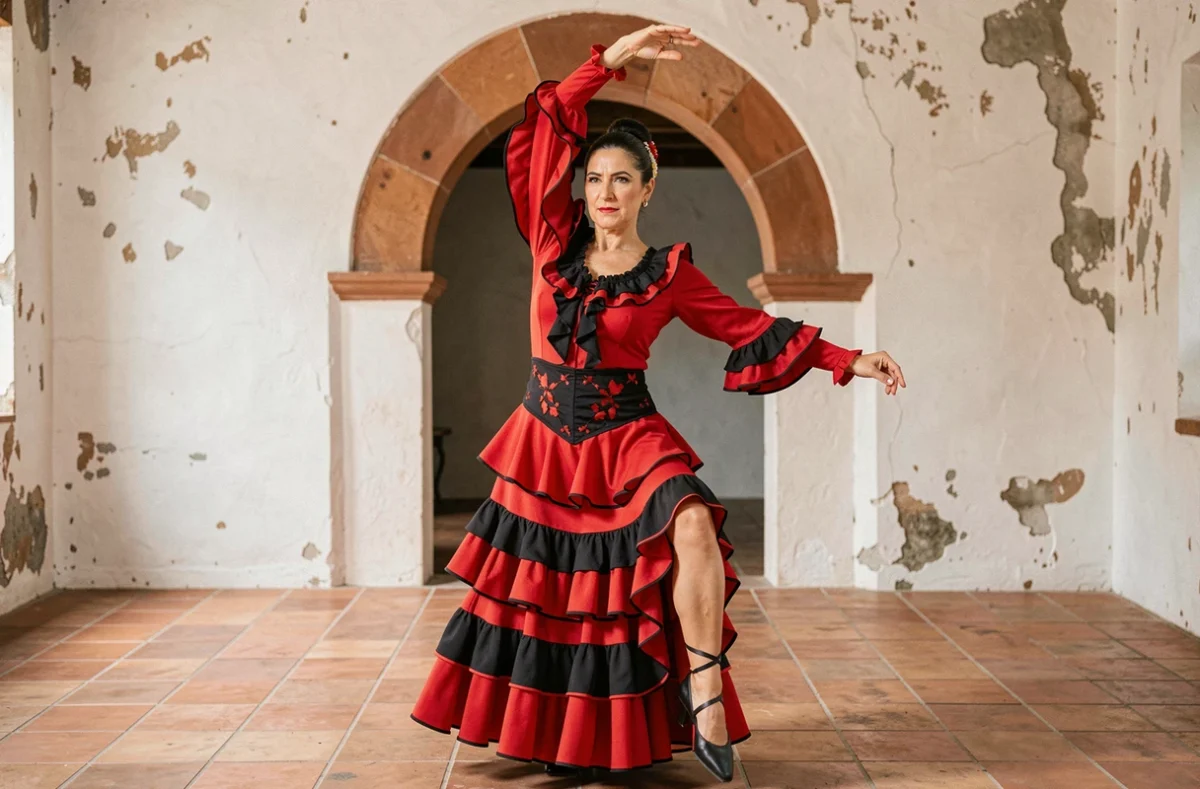 Femme dansant le flamenco en solo dans un espace rustique avec robe rouge à volants et sol en terre cuite