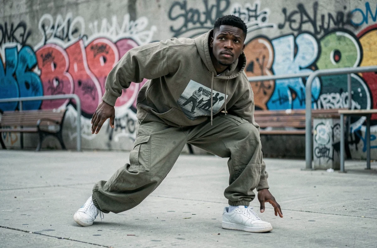 Homme dansant le hip-hop en solo dans un espace urbain avec murs de graffitis en arrière-plan