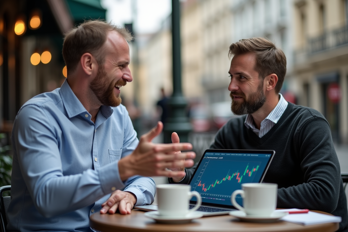 Deux hommes discutant dans un café en zone financière