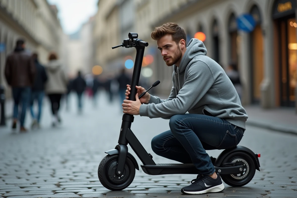 Homme inspectant le panneau de contrôle d'une trottinette électrique sur un trottoir urbain