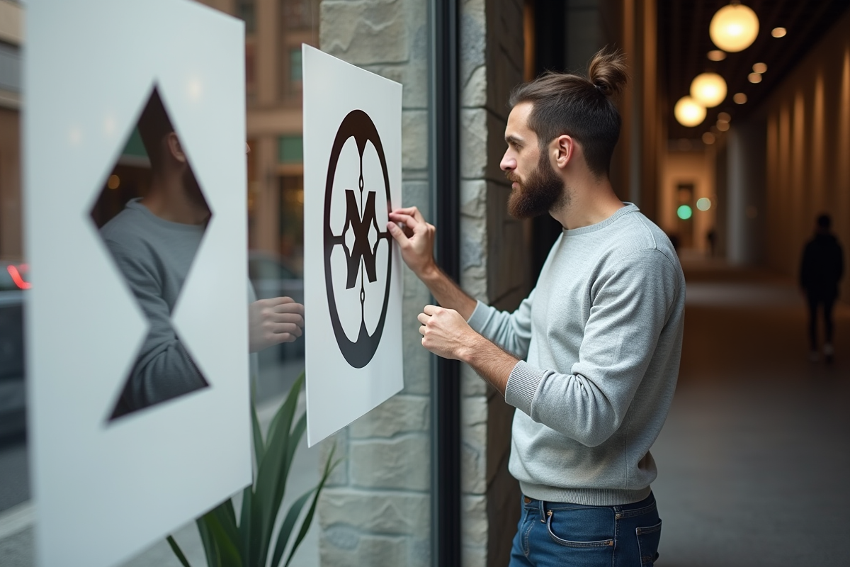 Designer homme collant des logos minimalistes en ville