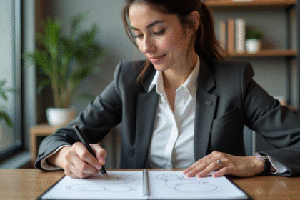 Jeune femme professionnelle esquissant un logo dans un bureau moderne