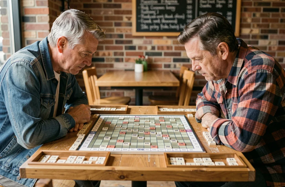 Deux joueurs de Scrabble adultes analysant le plateau en phase finale dans un café de jeux de société